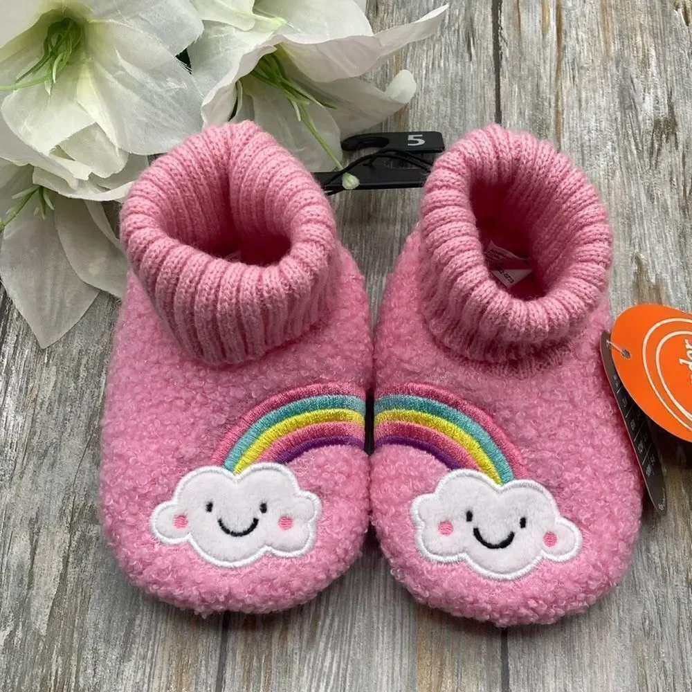 Baby Girls Teddy Knit Rainbow Comfy Soft Slippers Shoes Size 5